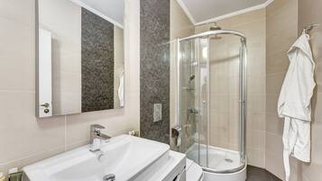 Combined shower/bathtub, free toiletries, hair dryer, towels
