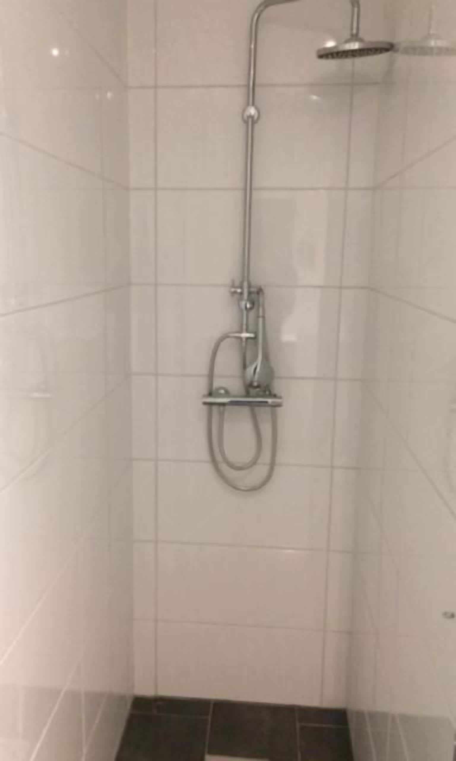 A shower with a handheld showerhead and a wall-mounted faucet.