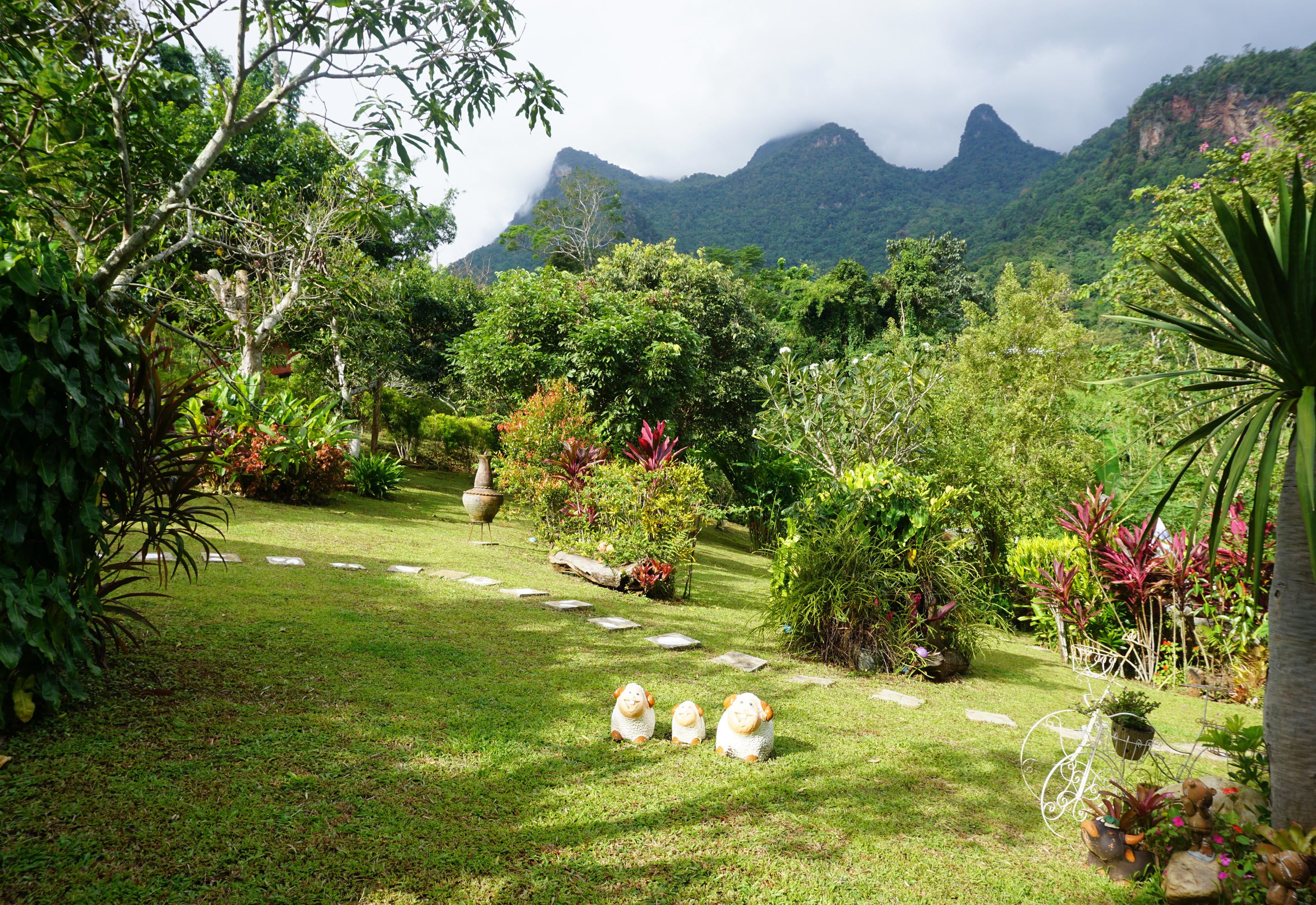 A lush garden with a variety of plants and a stone pathway.