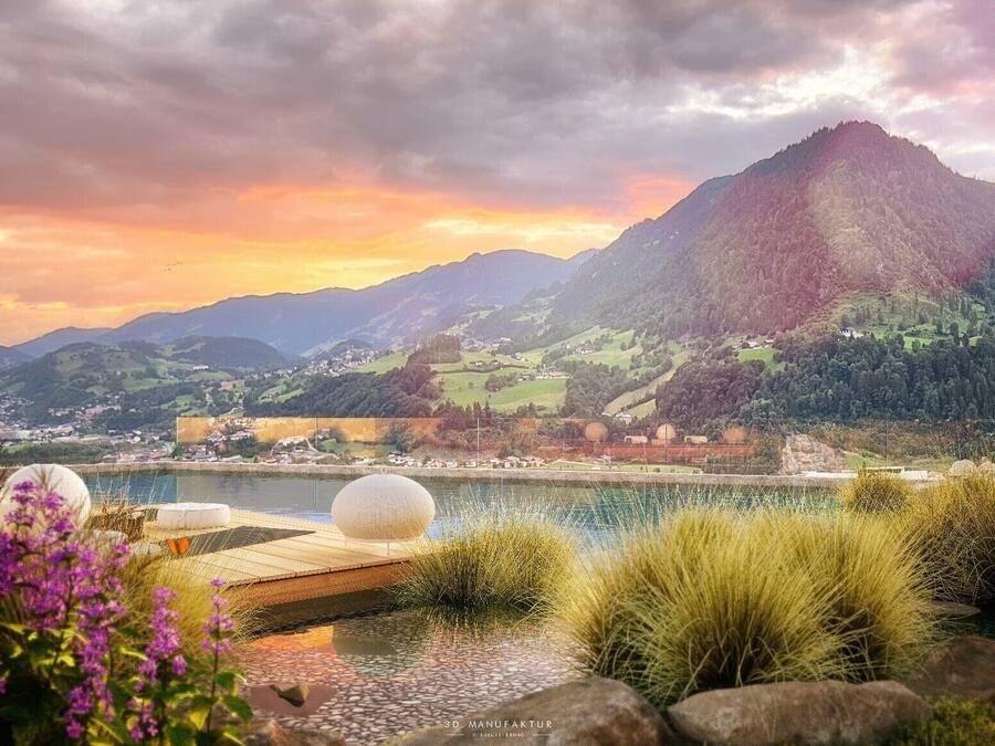 Une vue pittoresque sur un lac, avec des montagnes en arrière-plan, une jetée dotée de structures sphériques et une petite maison située près de l’eau.