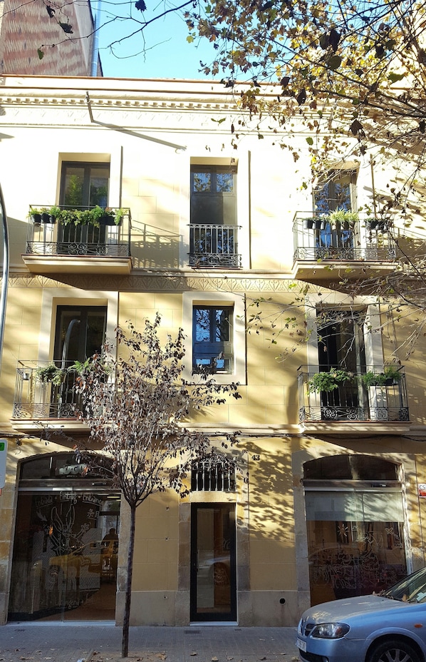 A multi-story building with balconies, windows, and a tree in front. - Ten To Go Hostel (Barcelona)