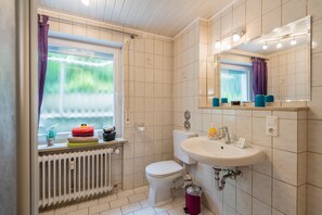 A bathroom with a toilet, sink, and window with curtains.