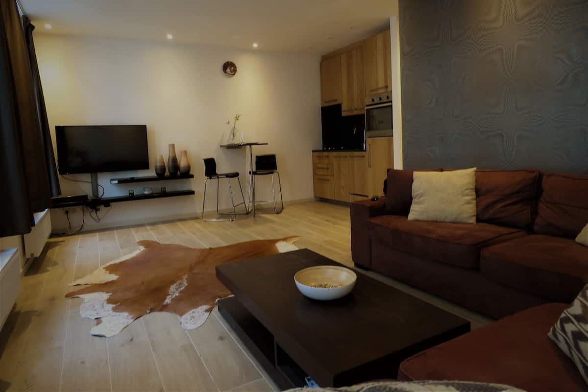 Una sala de estar moderna con un sofá marrón, una mesa de centro, un televisor de pantalla plana y un comedor con dos sillas y una mesita.