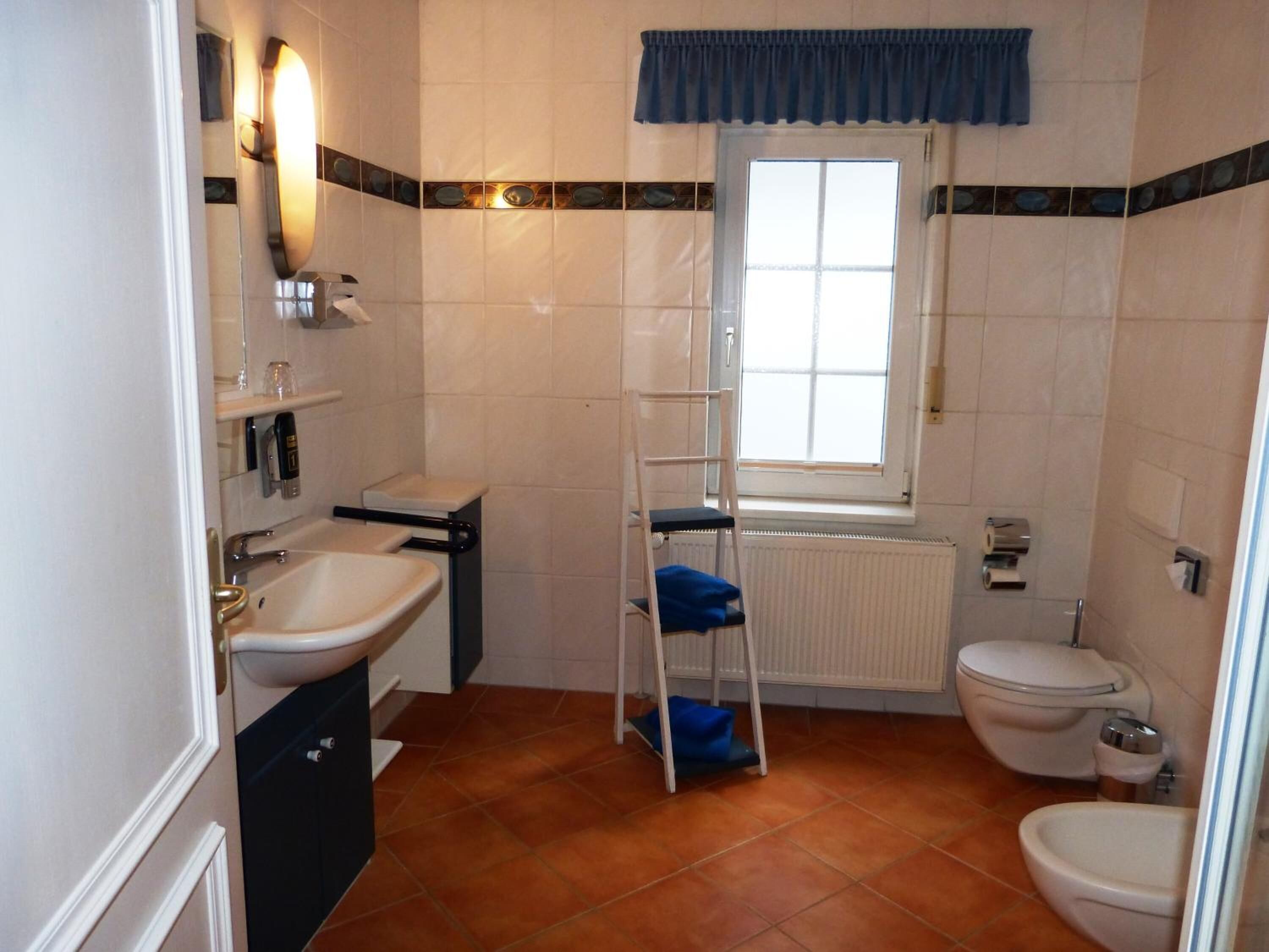 A bathroom with a white sink, a toilet, a window, and a ladder.