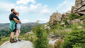 Ein Paar steht auf einem Felsen, im Hintergrund eine gebirgige Landschaft.