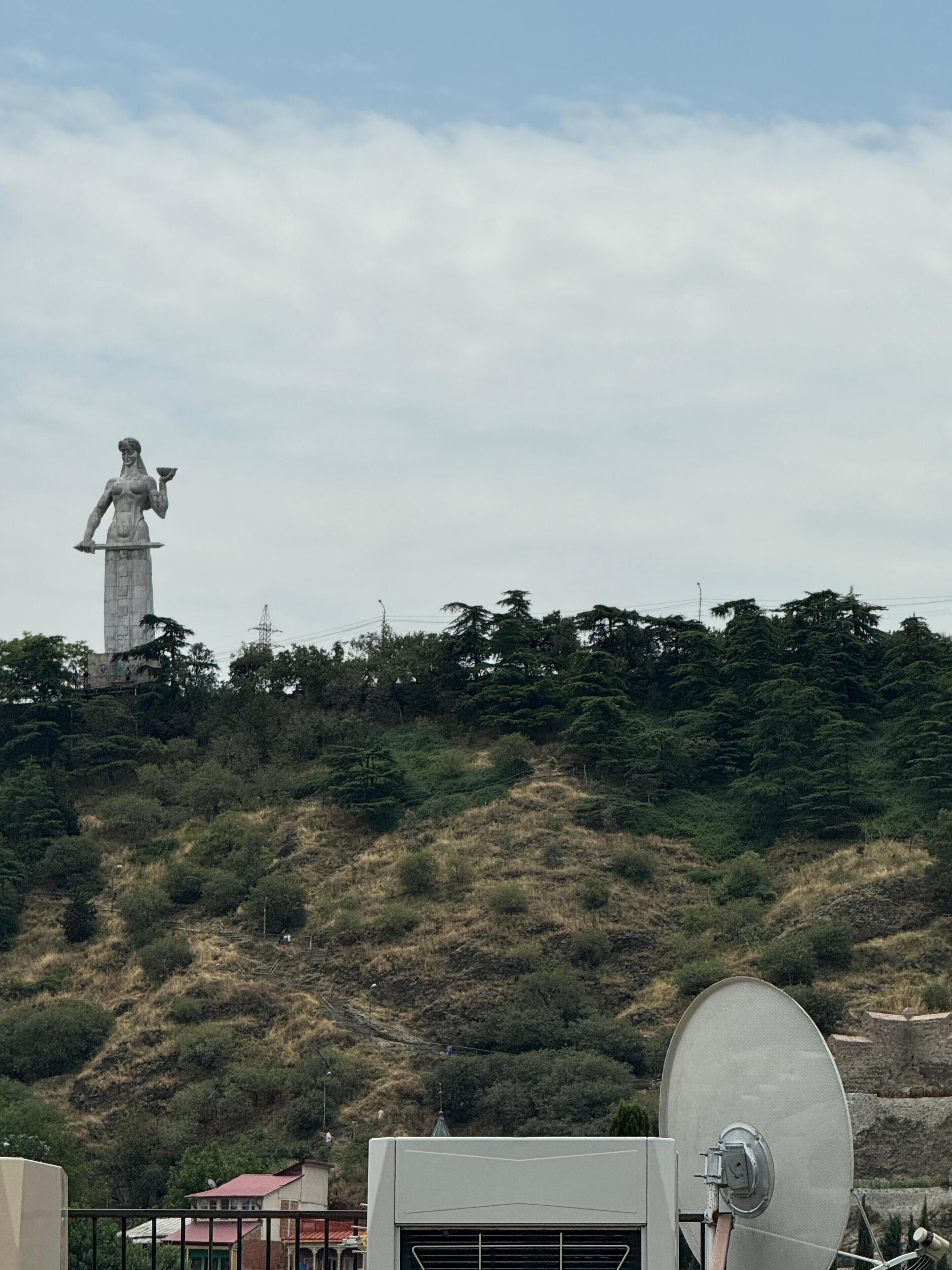 A statue on a hill with a satellite dish in the foreground.