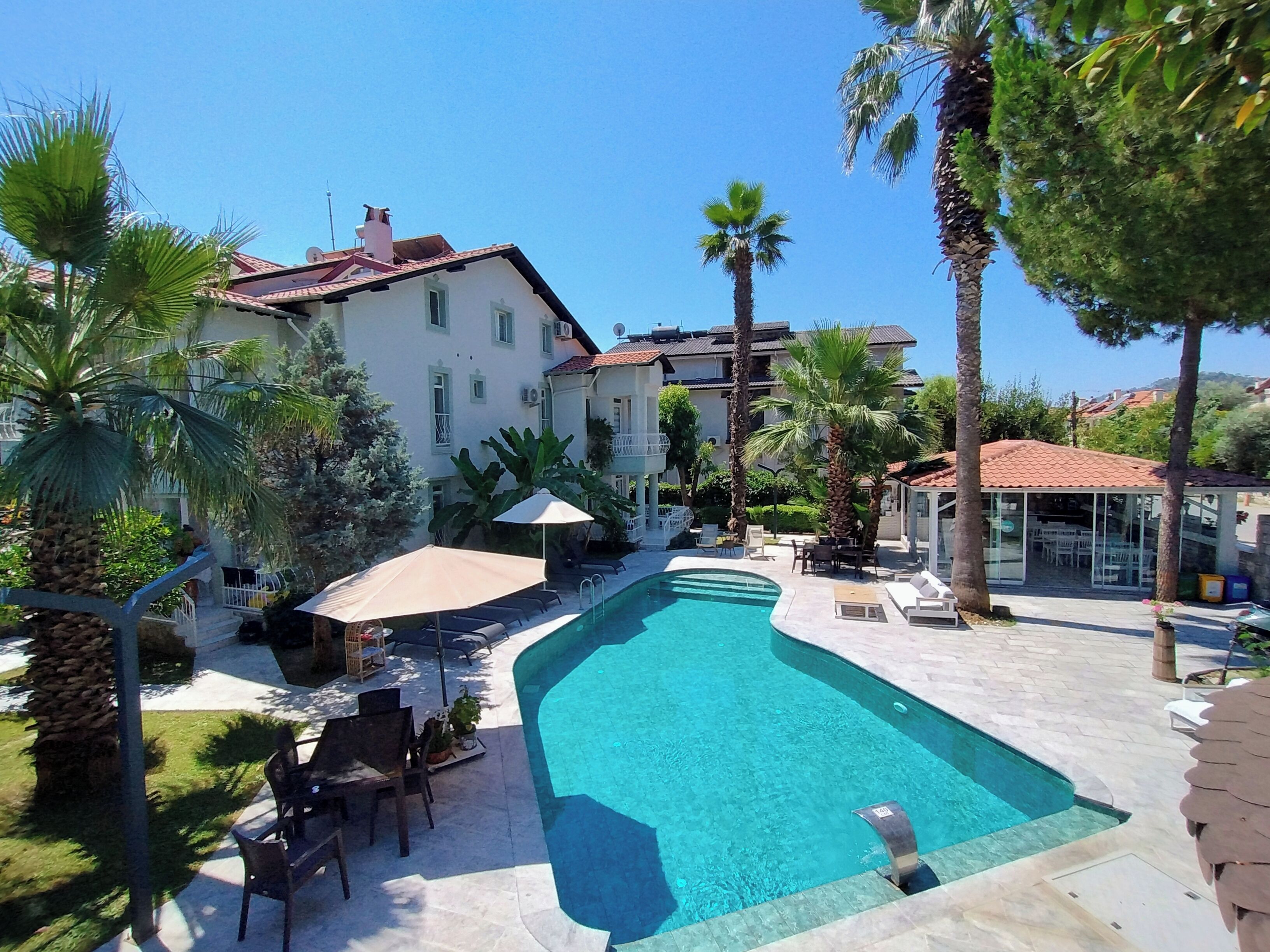 A swimming pool surrounded by palm trees and lounge chairs, with a building in the background.
