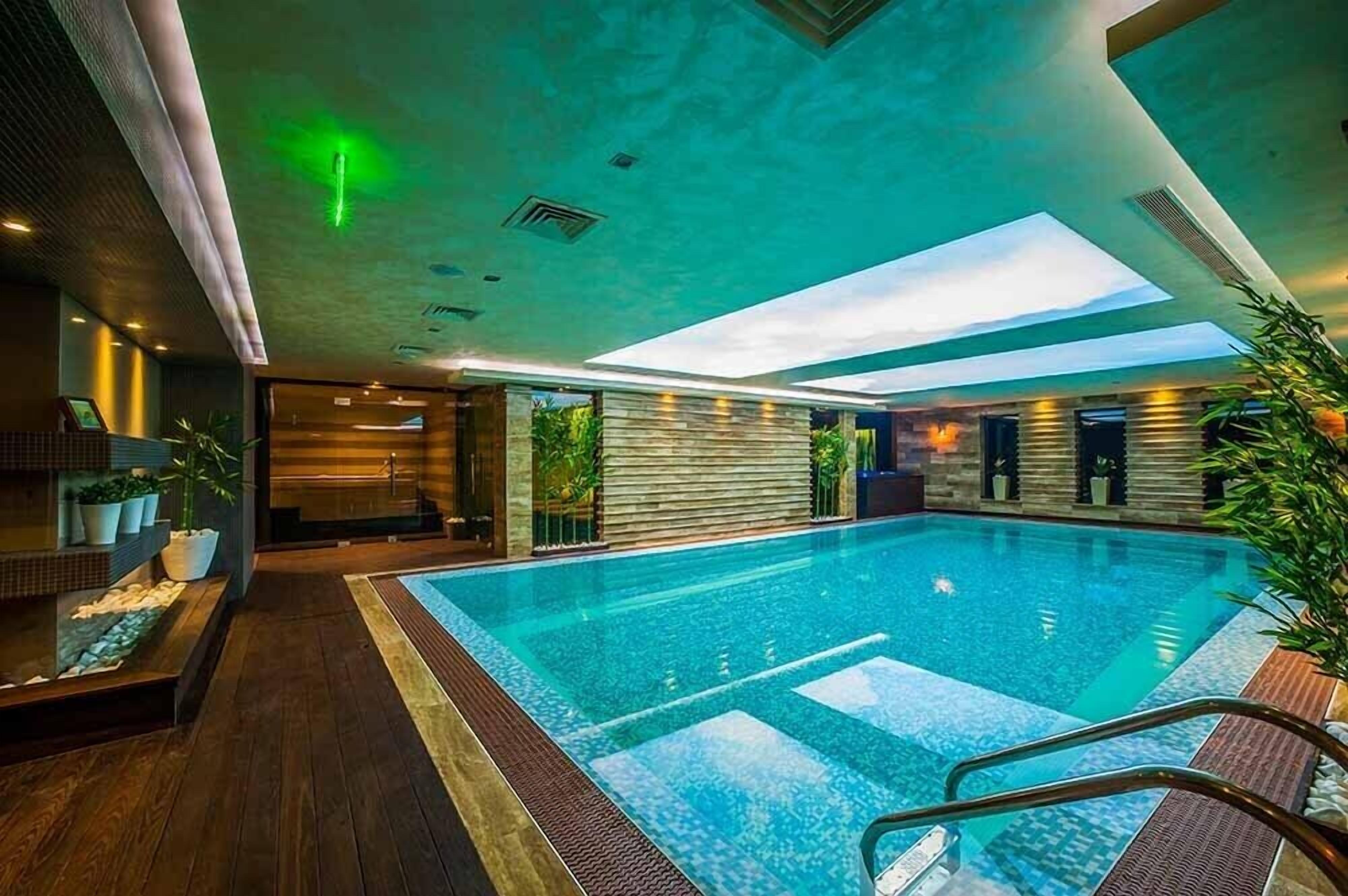 A modern indoor swimming pool with a skylight, wooden flooring, and potted plants.