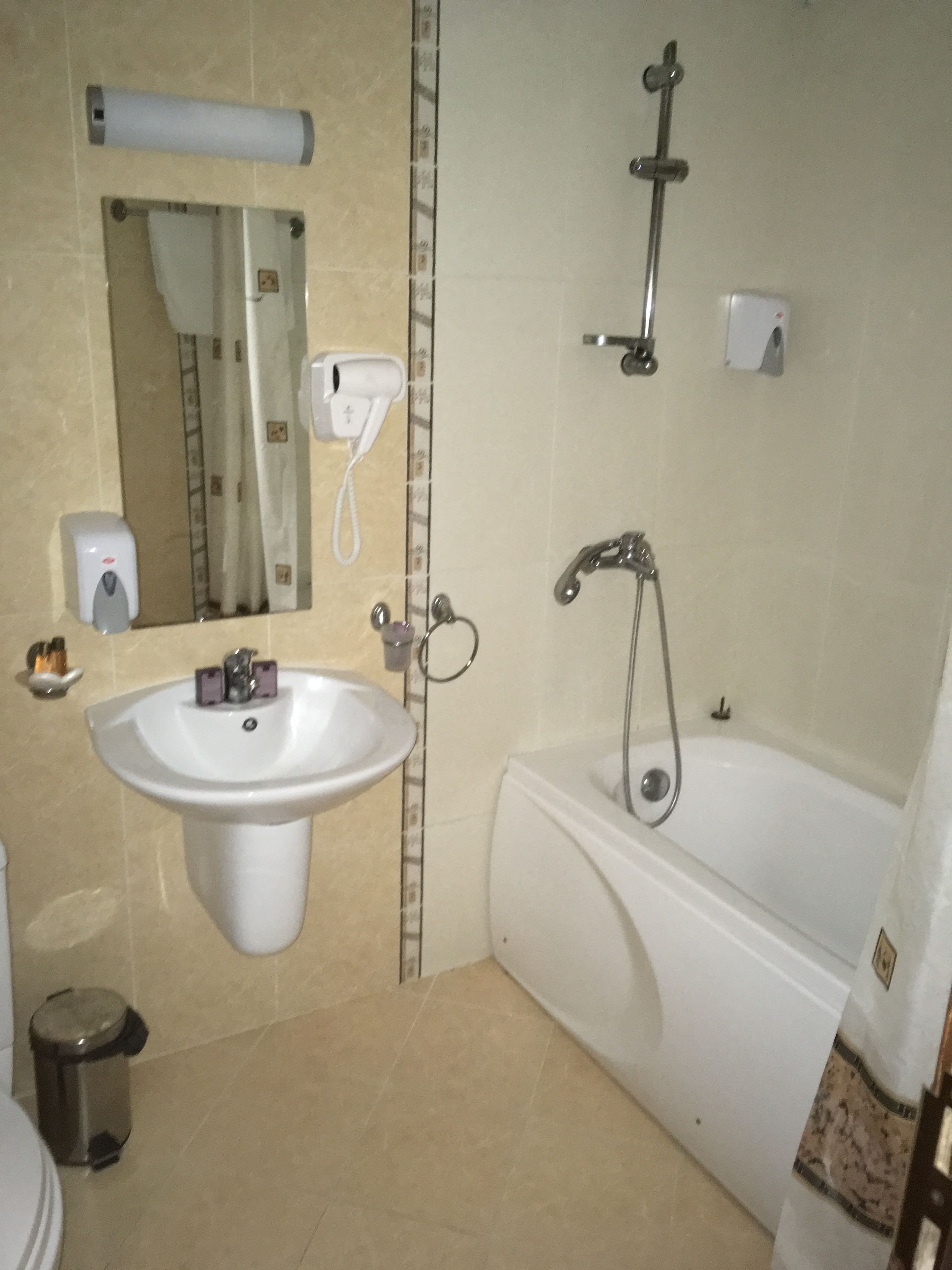 Baño con lavamanos, espejo, toallero, inodoro, basurero y bañera.