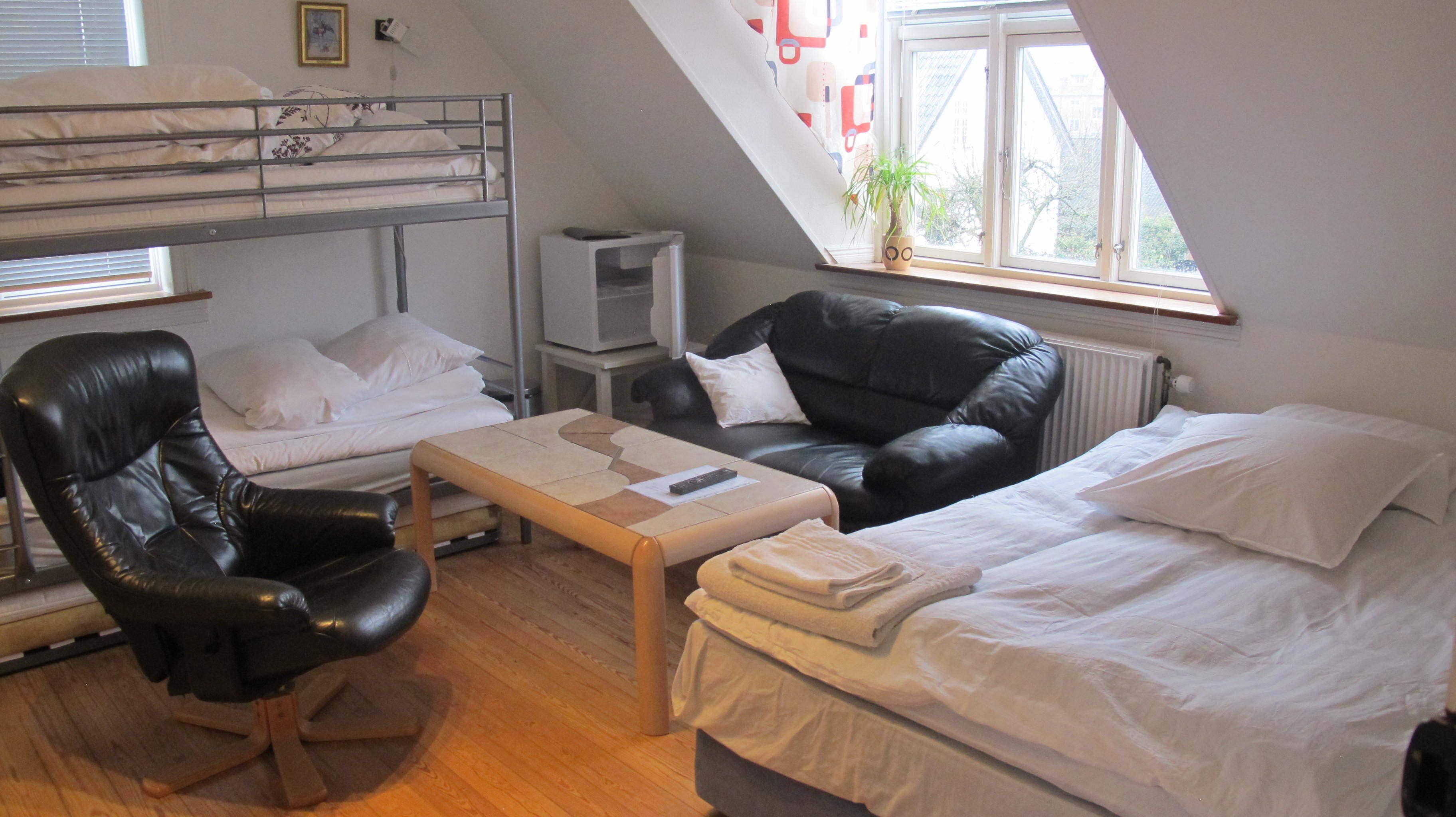 A room with a bunk bed, a black leather chair, a sofa, a small table, and a radiator.