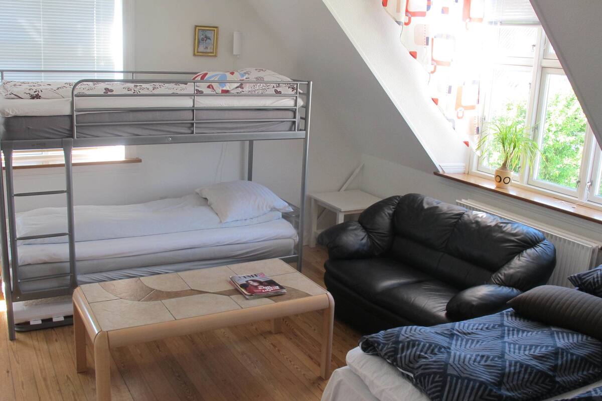Ein Schlafsaalzimmer mit Etagenbetten, einem kleinen Tisch, einem Ledersofa und einem Fenster mit Blick auf Grünflächen.