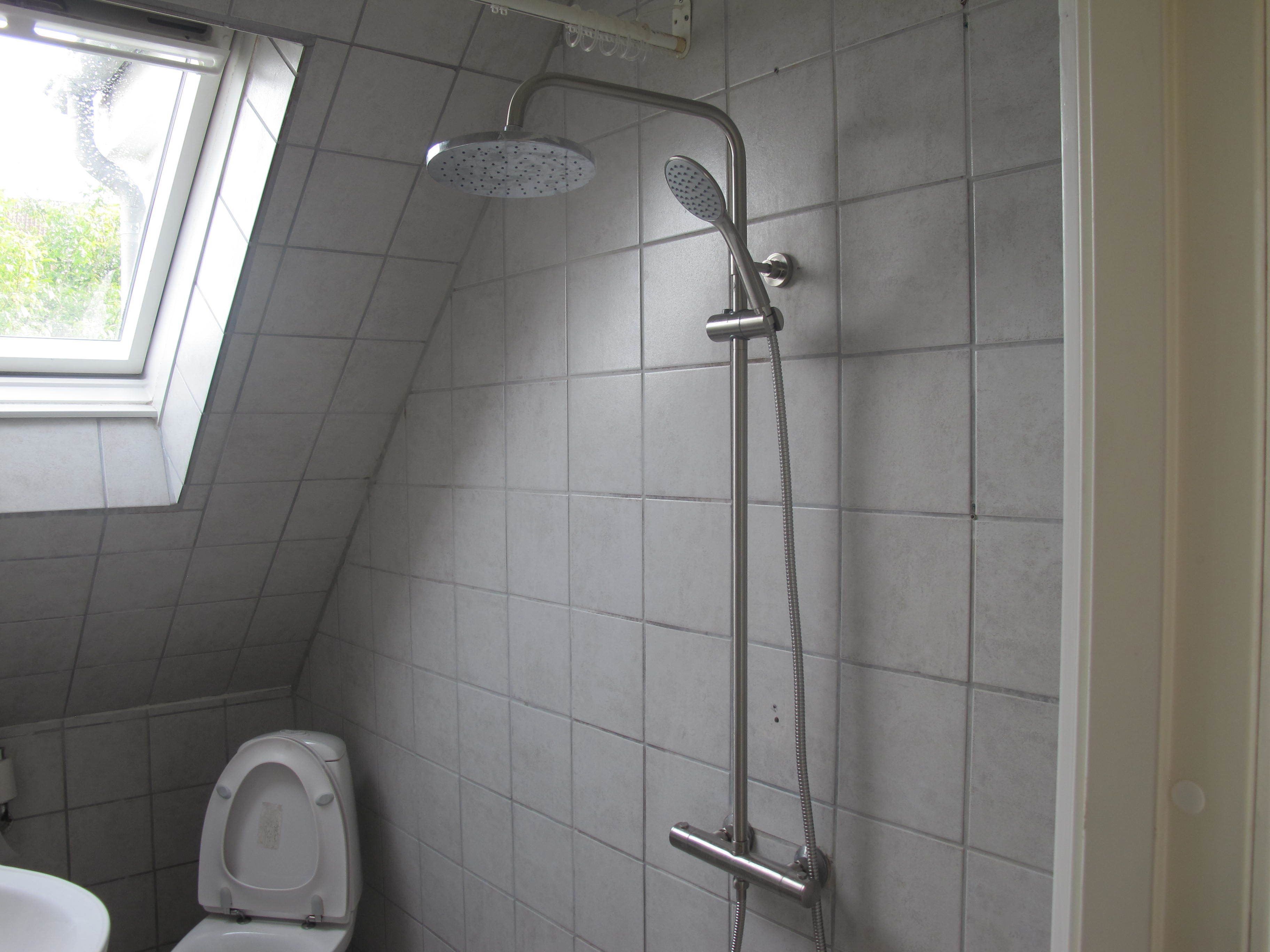 Un baño con ducha, inodoro y ventana.