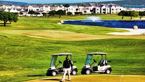 A golf course with two golf carts, a pond, and a row of houses in the background. - The Nook, Langebaan 4-Sleeper (Langebaan)