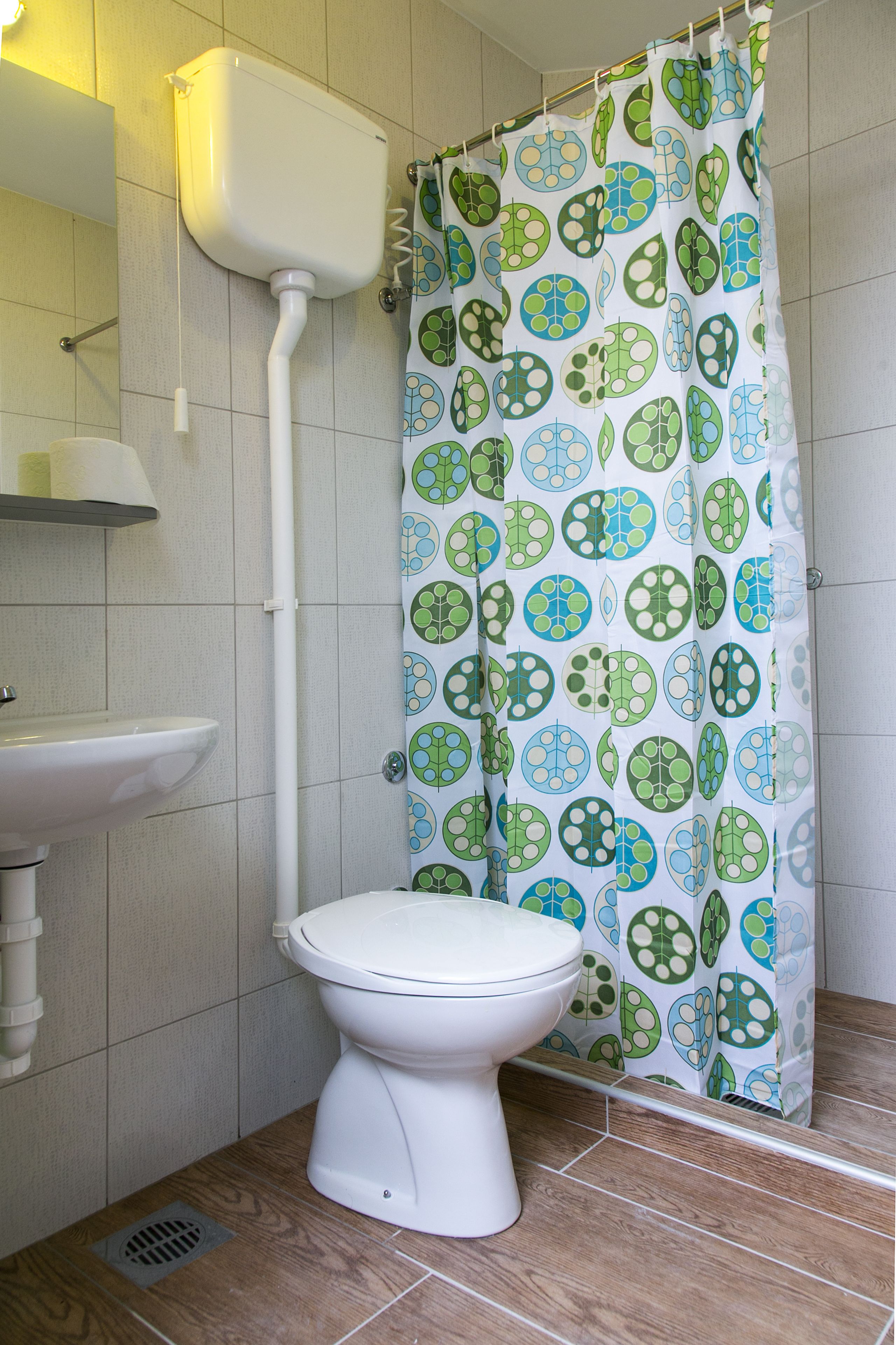 A bathroom with a toilet, a sink, and a shower curtain with a leaf pattern.