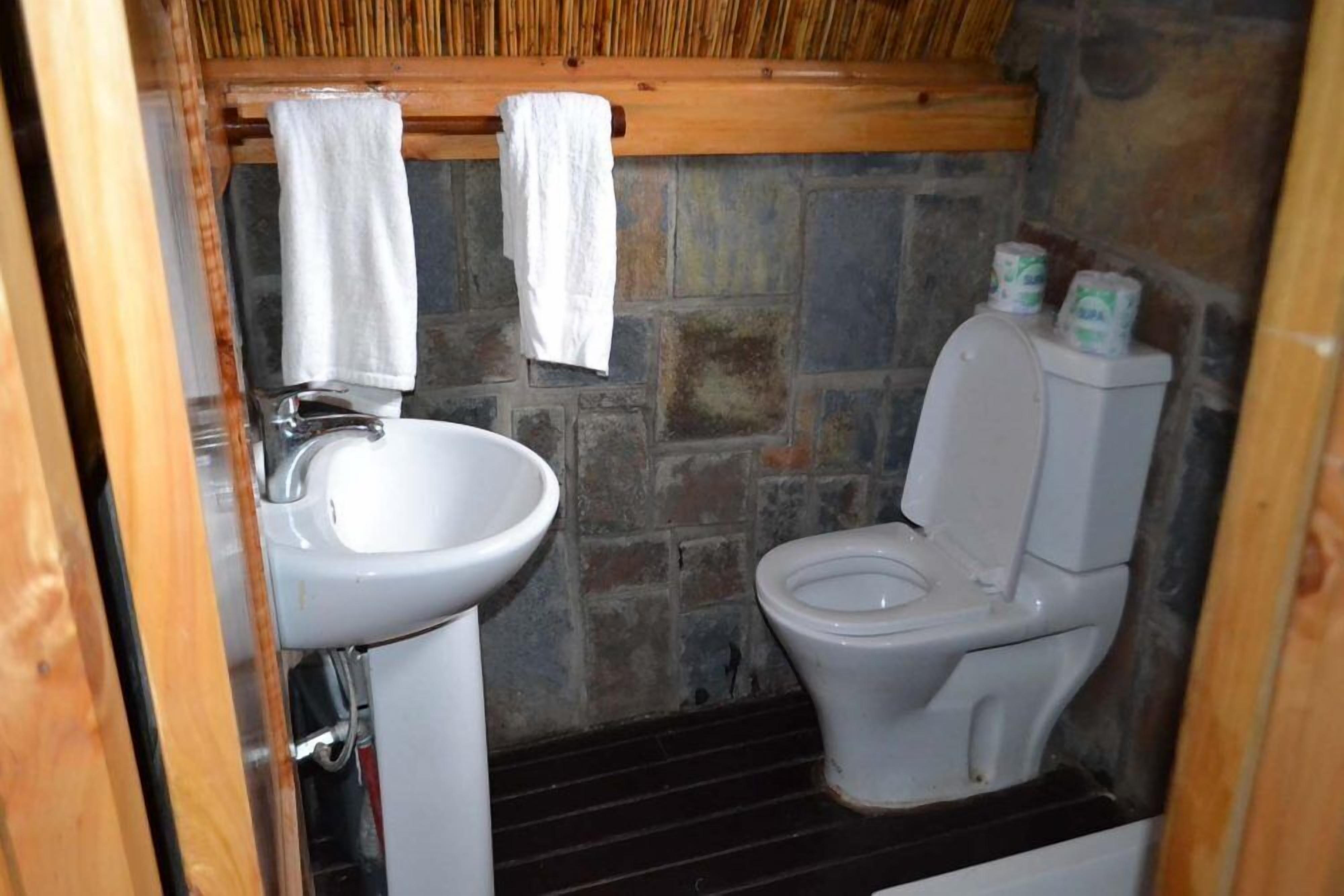 Ein Badezimmer mit Steinwand, Holzboden und weißem Waschbecken sowie Toilette.