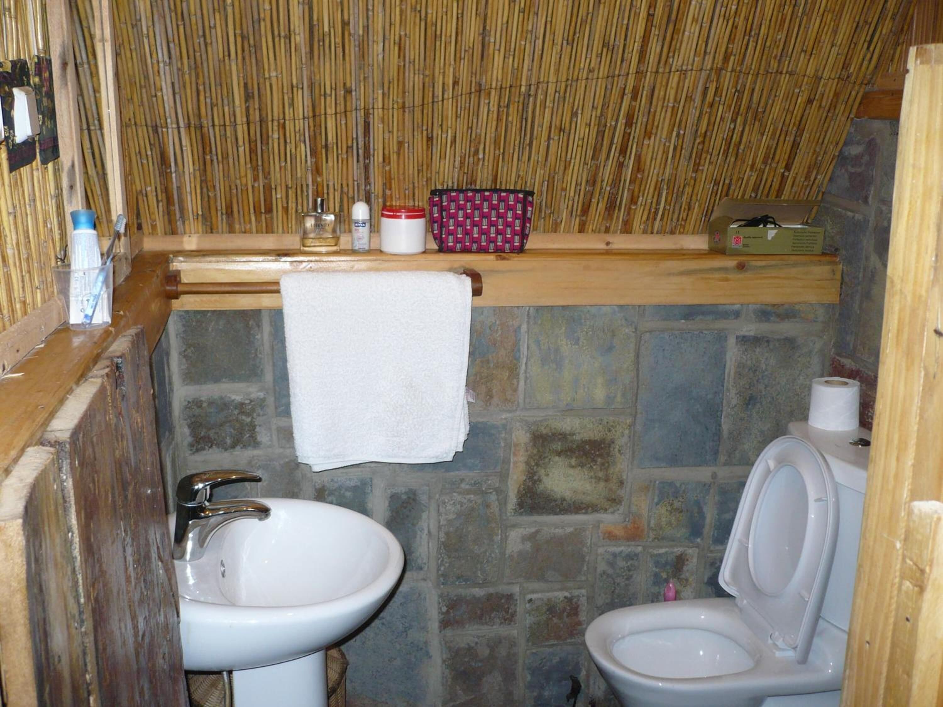 A bathroom with a stone wall, a sink, and a toilet.