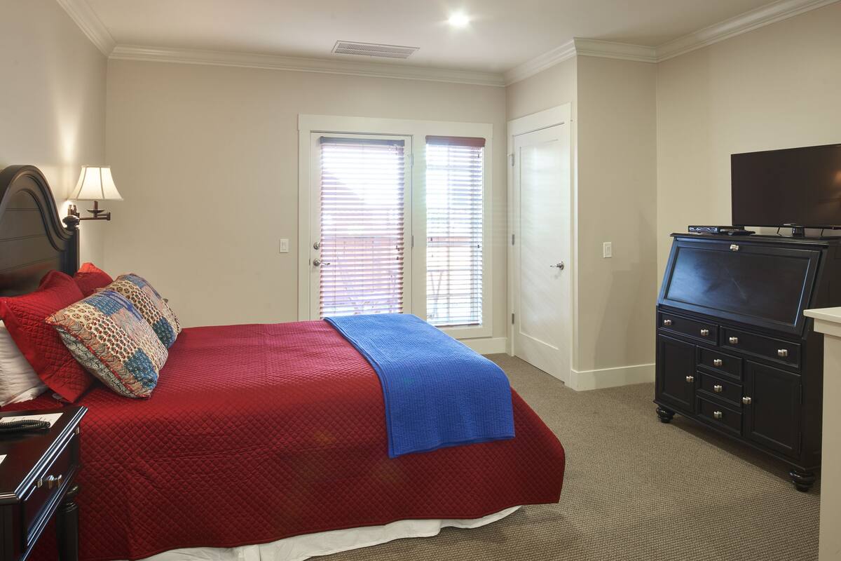 A bedroom with a bed, dresser, TV, and a door with blinds.