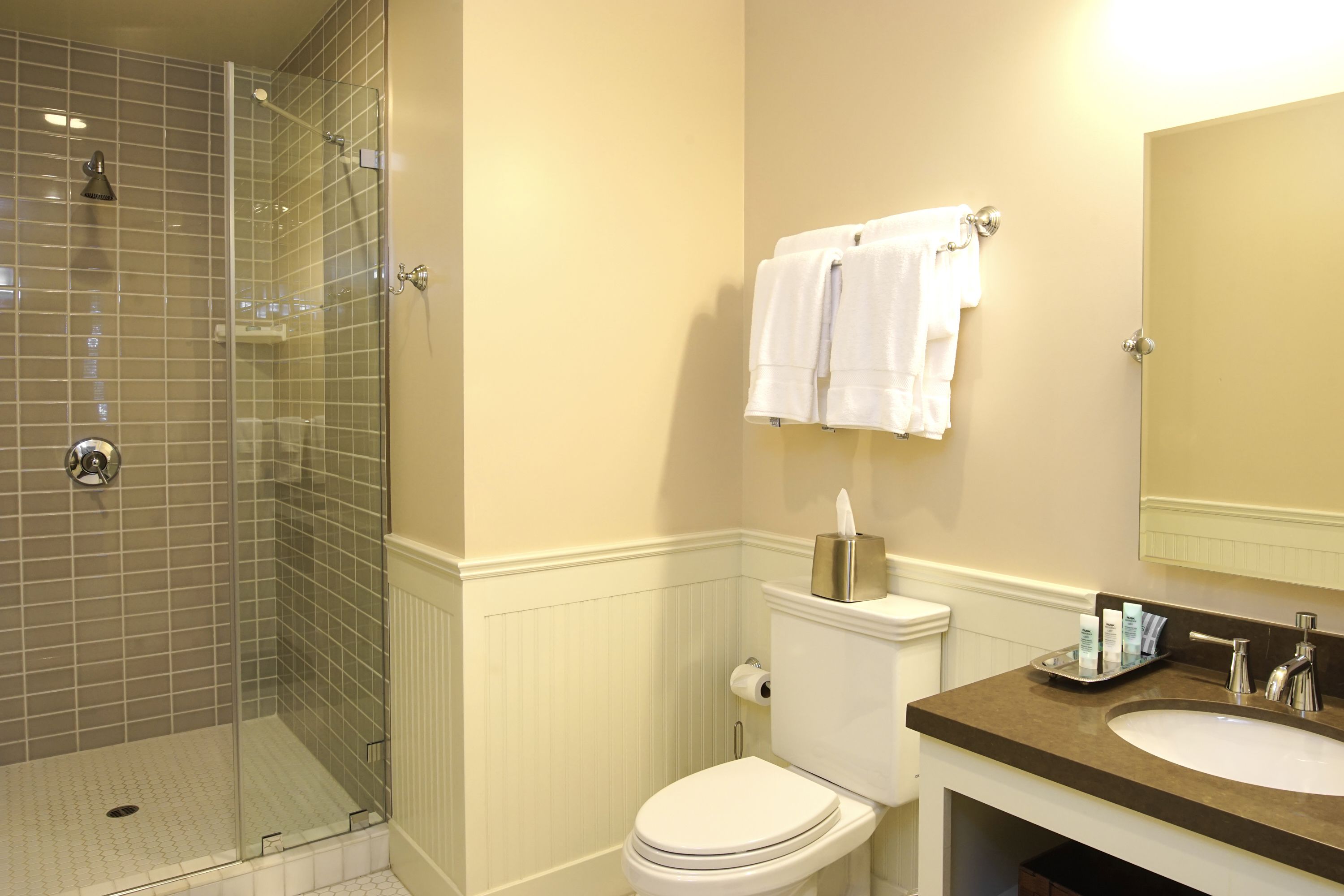 A bathroom with a glass-enclosed shower, a toilet, a sink, and a mirror.