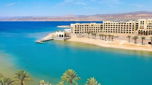 A coastal hotel with a beach view, a pier, and palm trees.