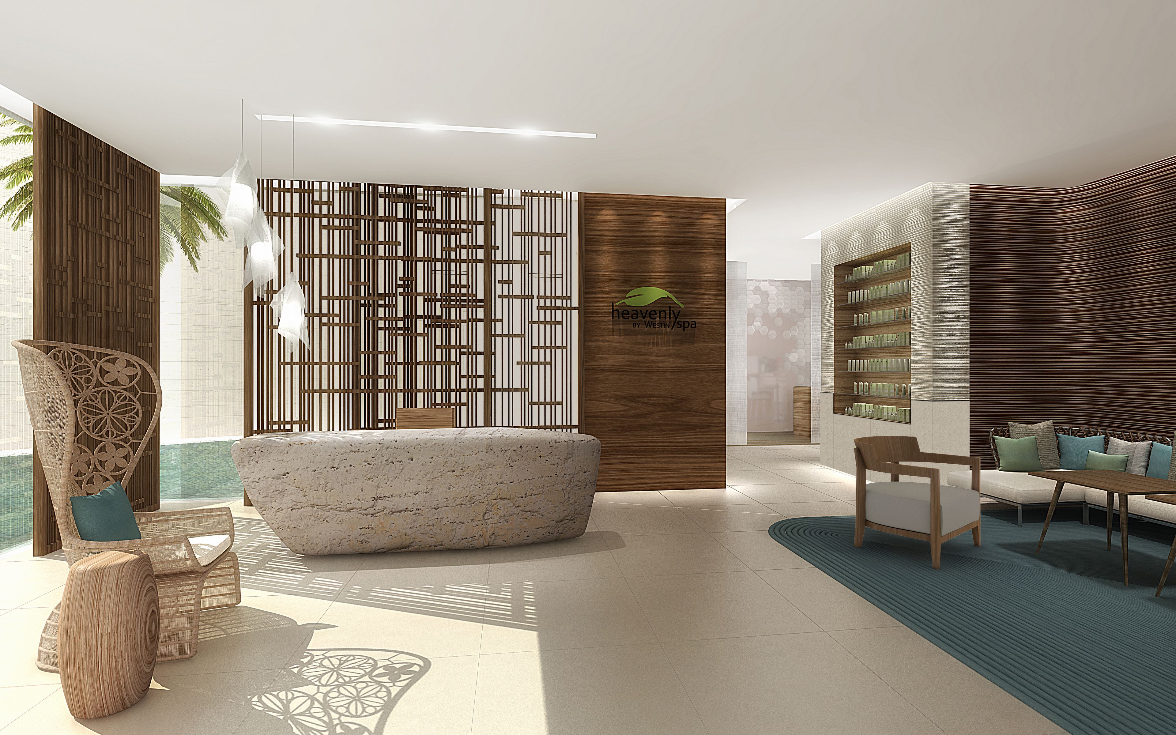A modern spa interior with a reception desk, seating area, and a decorative wall with a logo.
