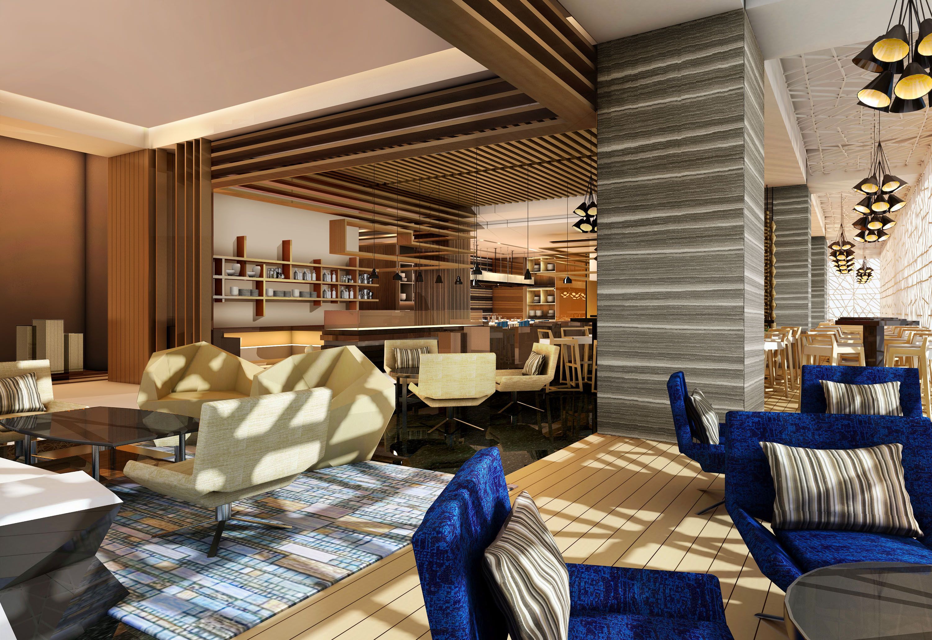 A modern interior with sofas, a coffee table, and a bookshelf.