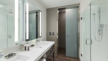 A modern bathroom with a glass-enclosed shower, a vanity with a mirror, and a walk-in closet.