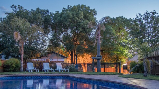 A swimming pool with lounge chairs, surrounded by trees and a building with warm lighting.