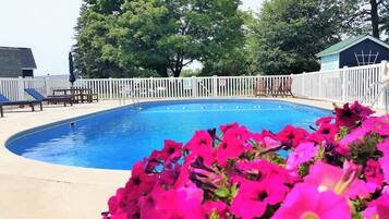 A swimming pool with a white fence, lounge chairs, and a building in the background.
