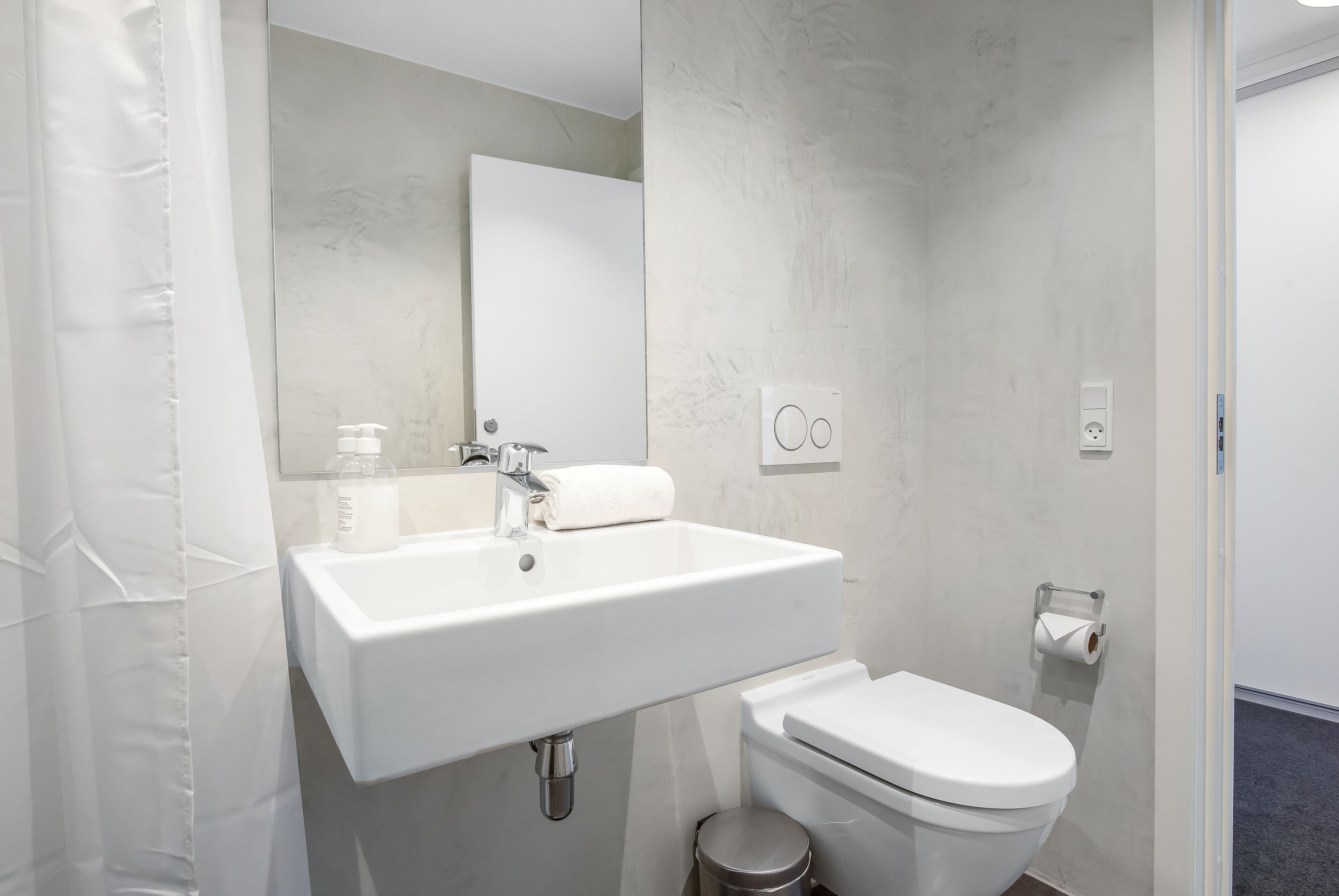 apartment | bathroom | shower, hair dryer, towels, soap