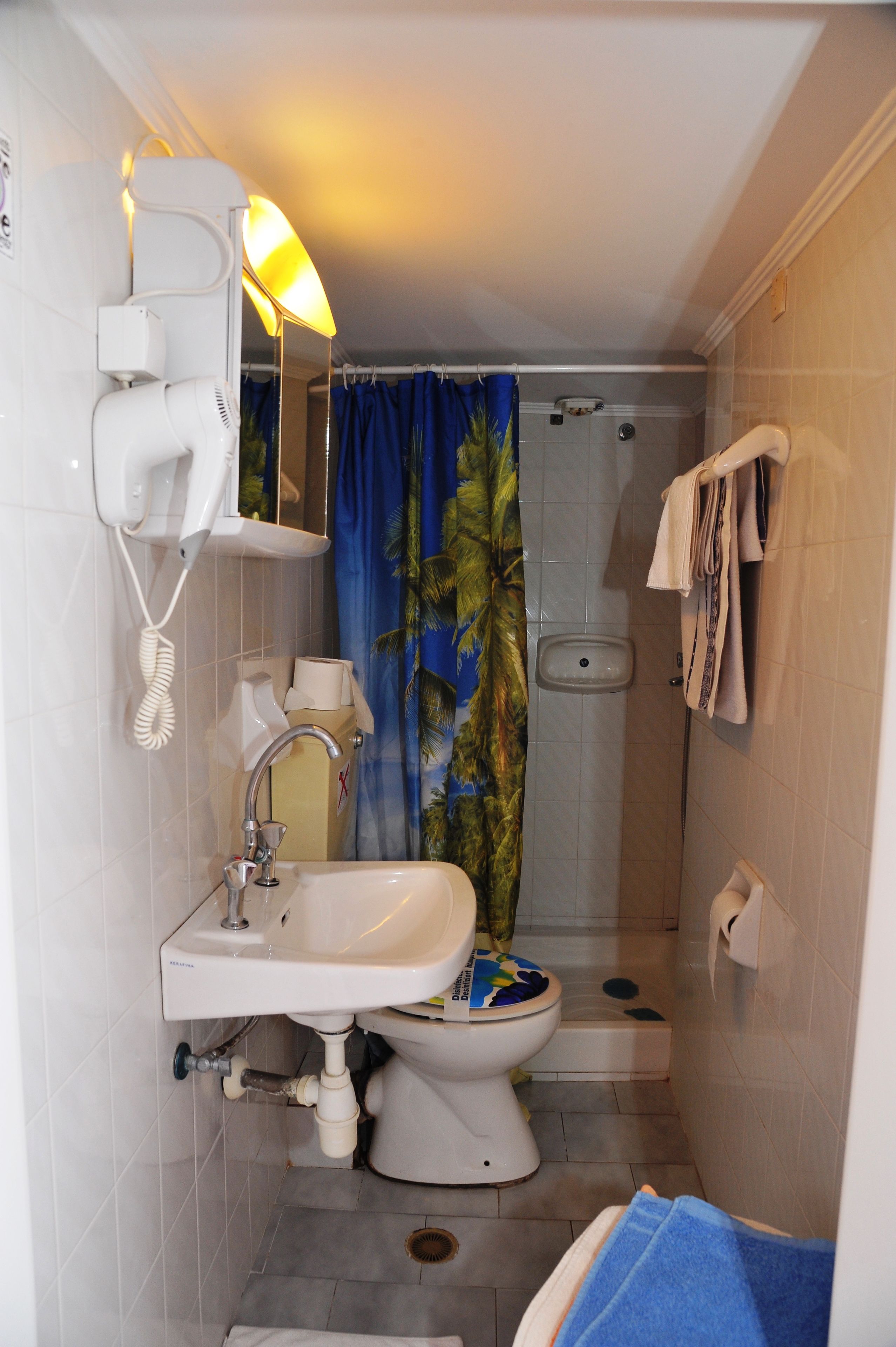 A bathroom with a sink, toilet, shower, and a towel rack.