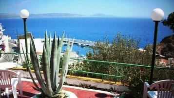 Terraza con vistas al mar, que incluye una planta de agave grande, dos sillas blancas y una barandilla.