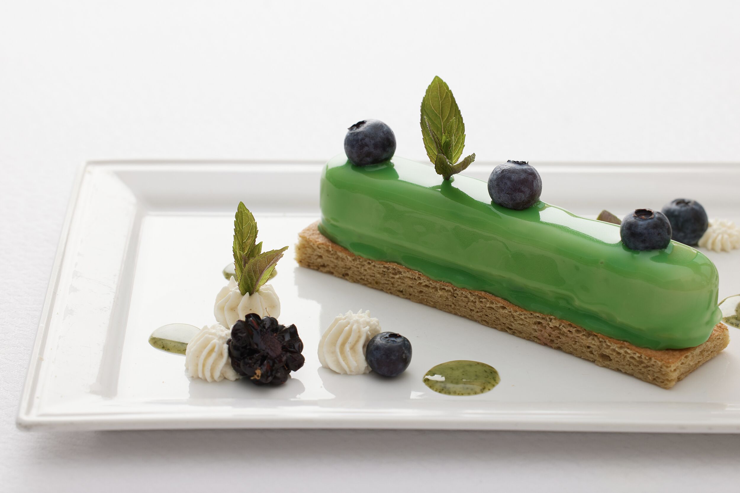 Un dessert servi dans une assiette blanche, surmonté d’une garniture verte, de myrtilles et de crème fouettée.