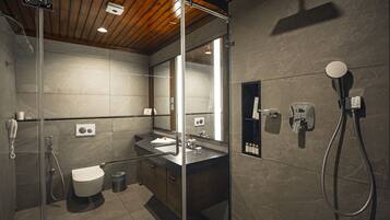 A modern bathroom with a glass shower enclosure, a toilet, a sink with a mirror, and a handheld showerhead.