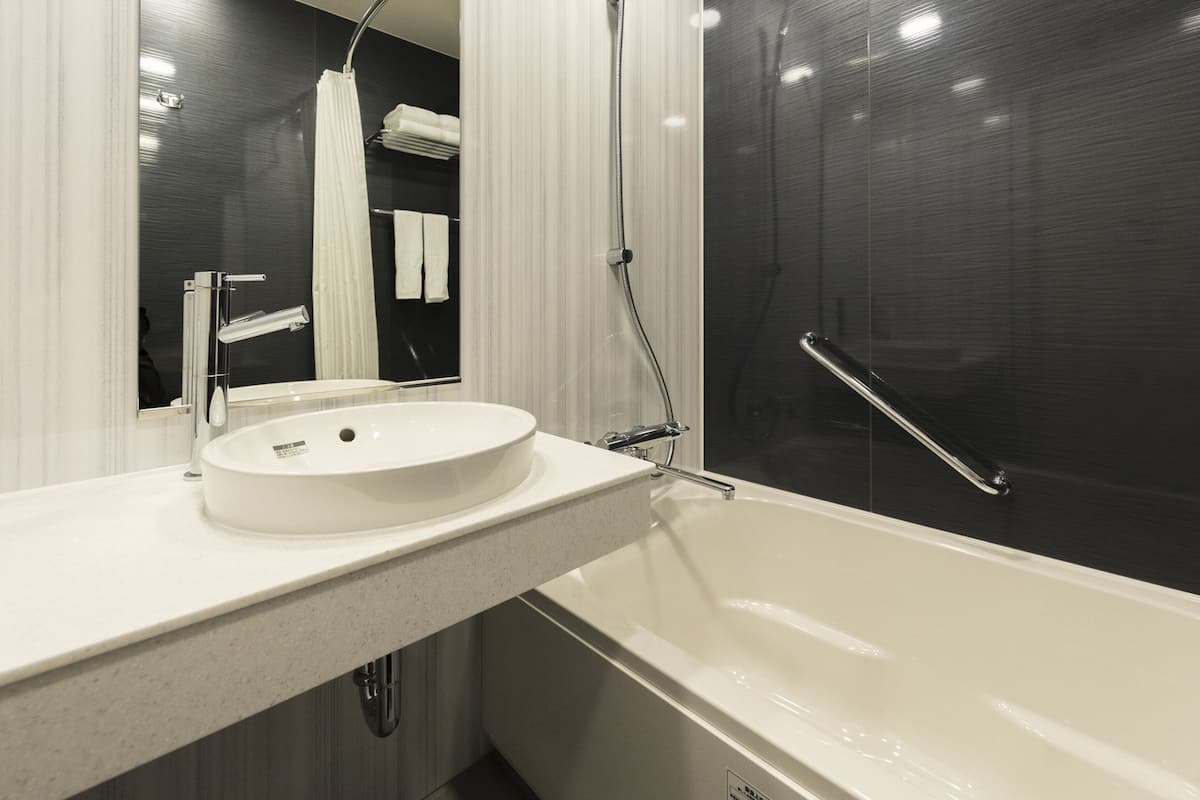 combined shower/bathtub, hair dryer, slippers, bidet