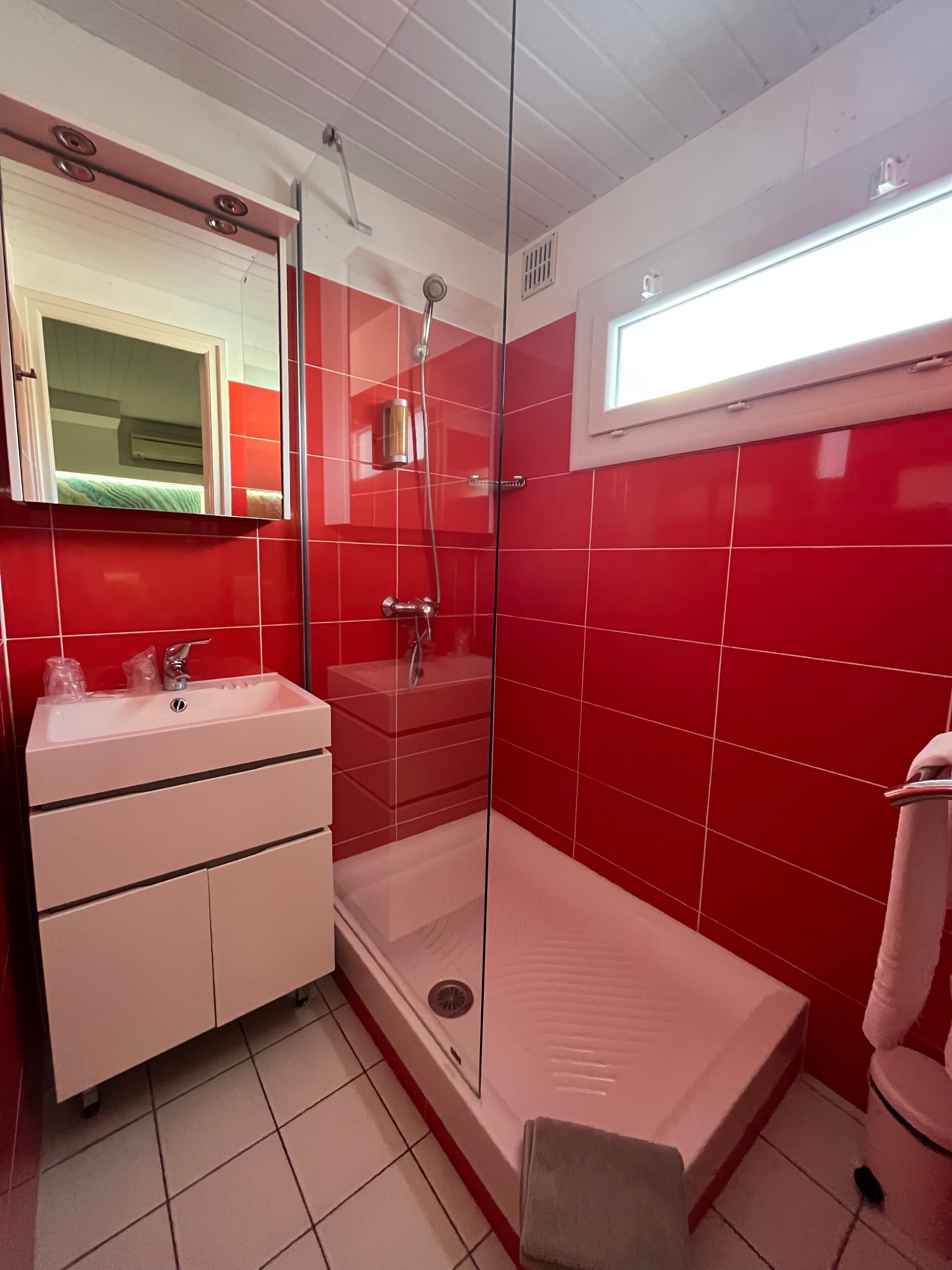 Une salle de bain moderne avec des carreaux rouges, une douche en verre, un lavabo blanc et un miroir au-dessus.