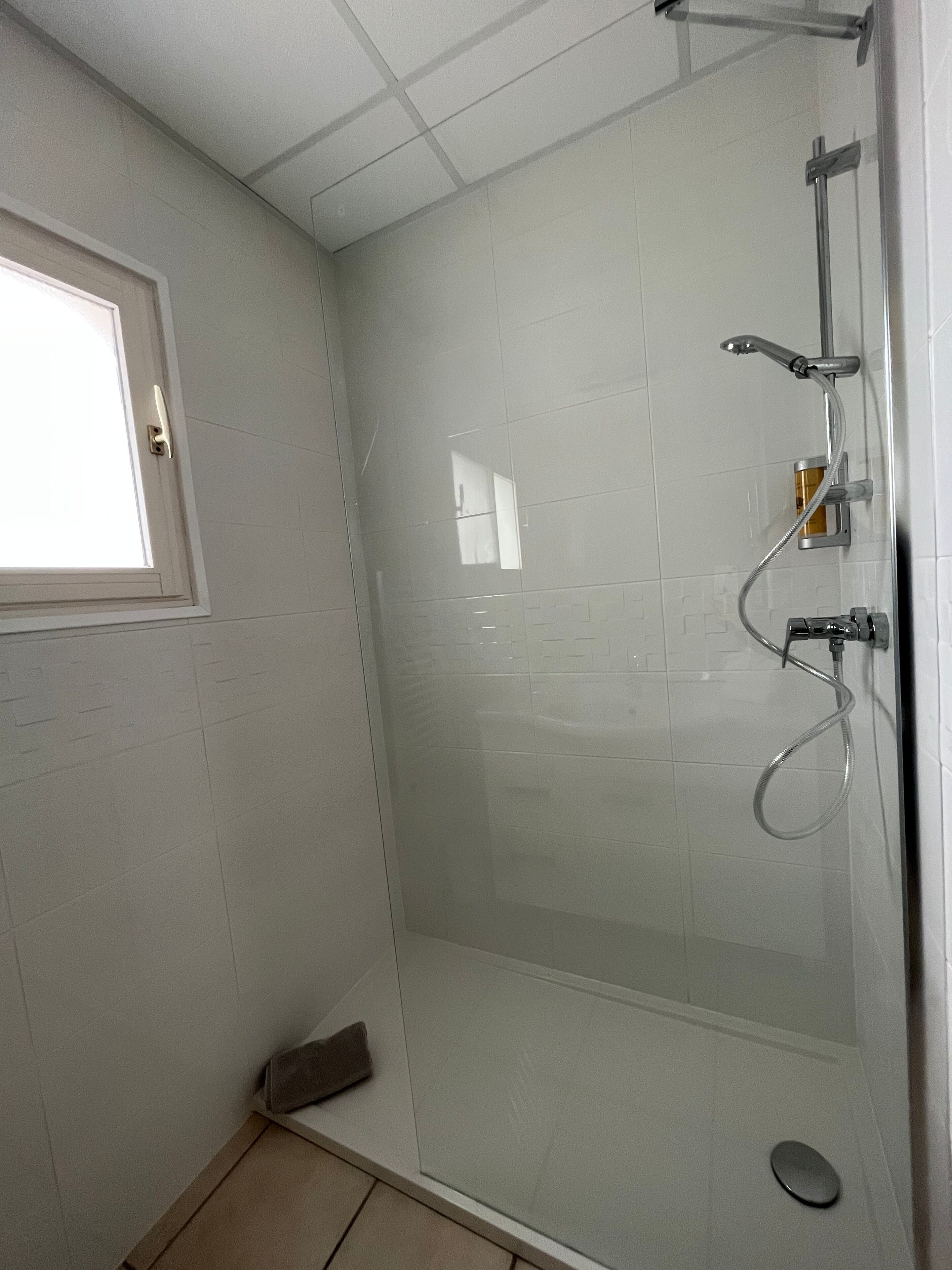 A small, enclosed shower area with a glass door, a showerhead, and a handheld shower attachment.