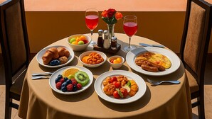 A table set with breakfast items and drinks, overlooking a mountainous landscape with a clear sky. - The Sultan Resort (Gund)