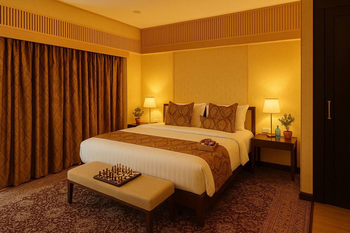 A hotel room with a large bed, two bedside tables with lamps, a small bench, and a chessboard.