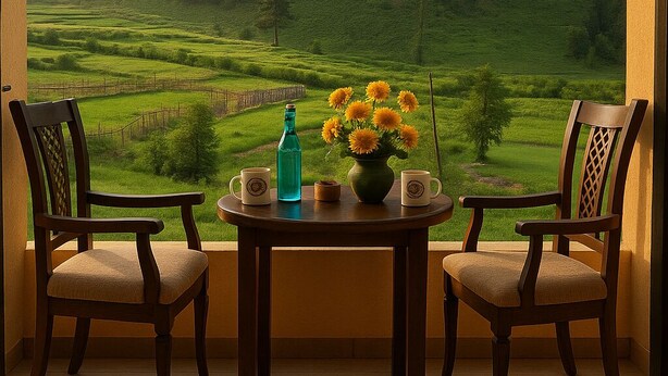 A balcony with two wooden chairs, a table with a vase of yellow flowers, a bottle, and two mugs. - The Sultan Resort (Gund)