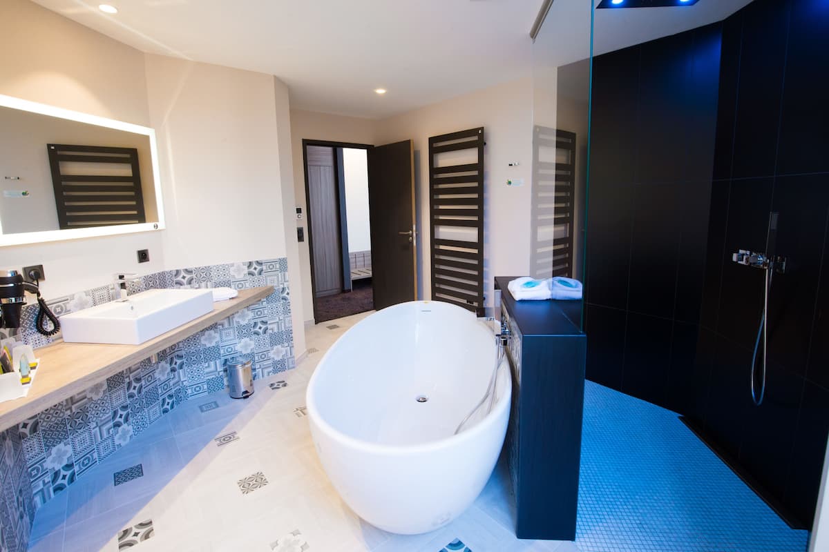 free toiletries, hair dryer, towels