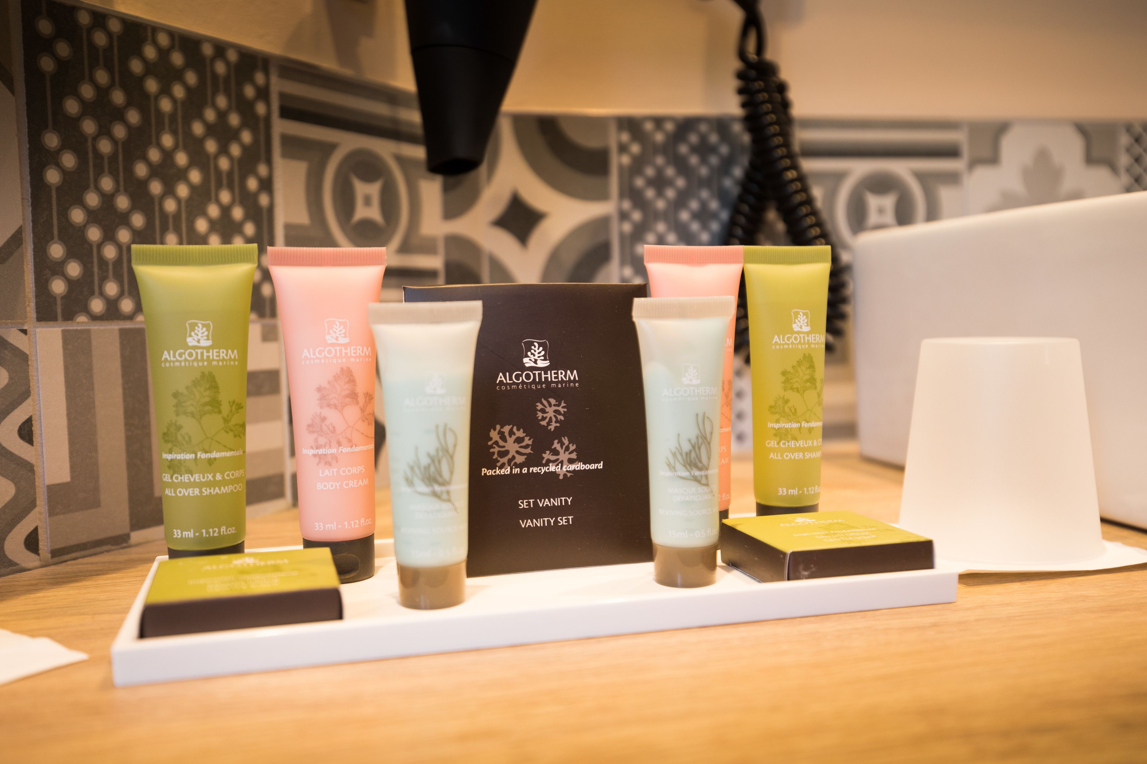 free toiletries, hair dryer, towels