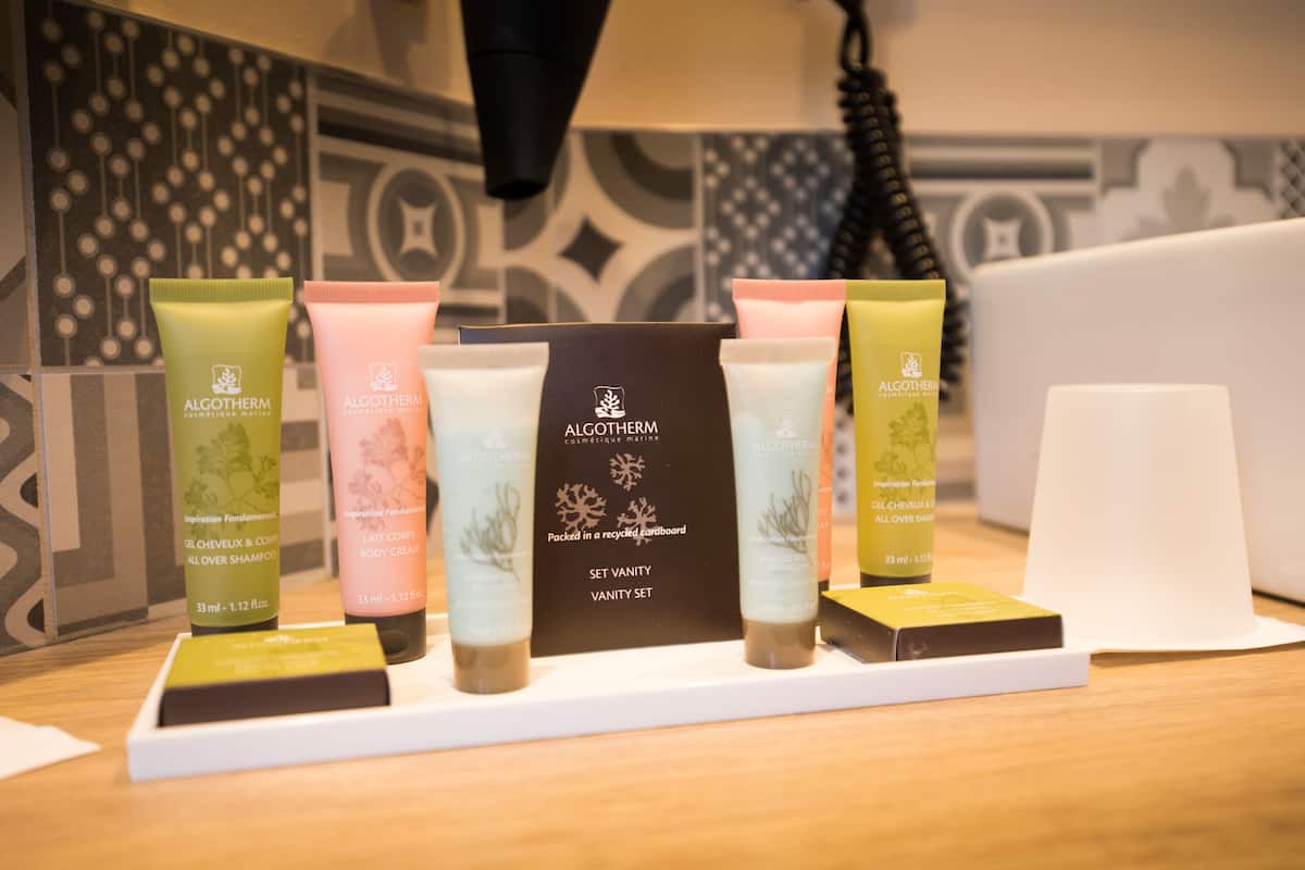 free toiletries, hair dryer, towels