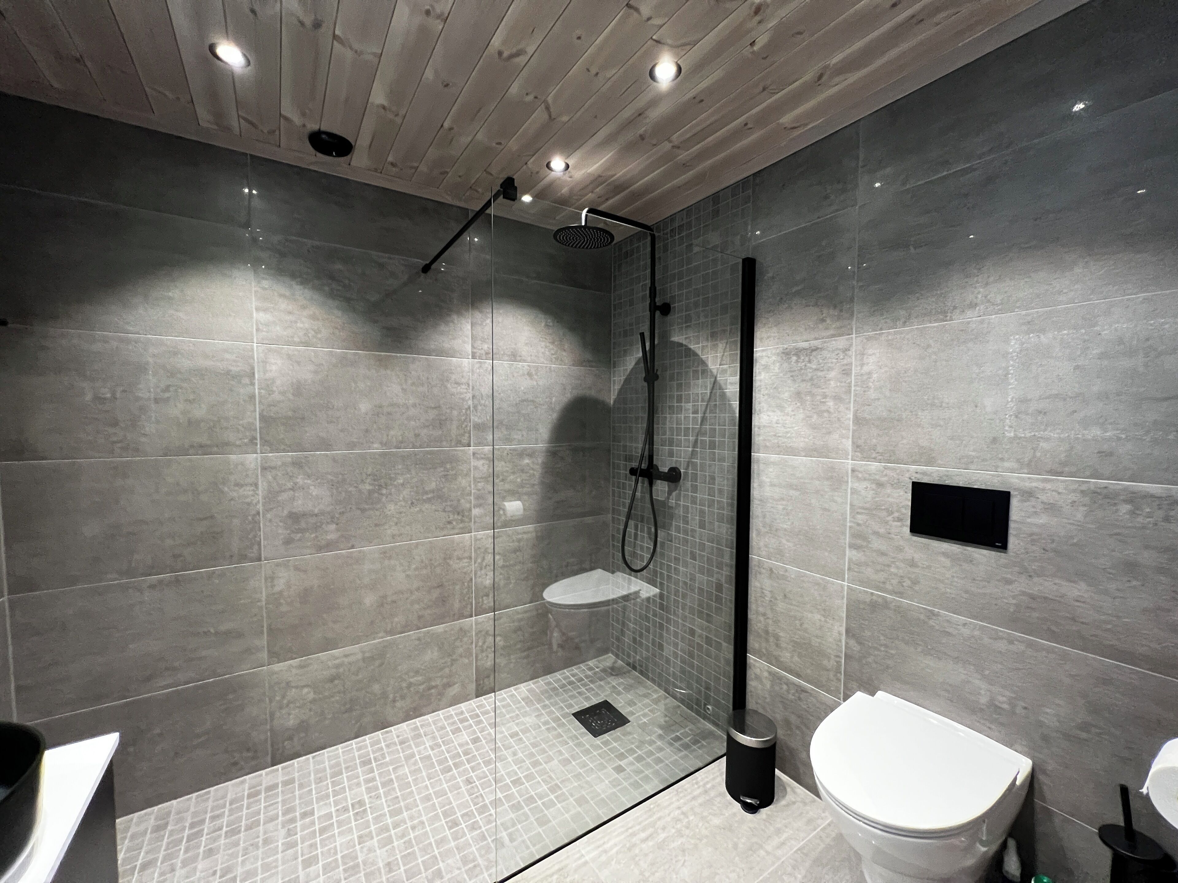 A modern bathroom with a shower, toilet, and sink.