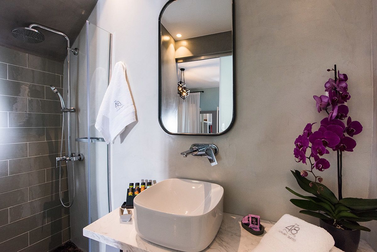 A modern bathroom with a white sink, a large mirror, a shower, and a potted orchid.