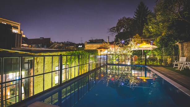 Una piscina con cerramiento de vidrio, rodeada por una cerca metálica y un jardín con árboles y una sombrilla blanca.
