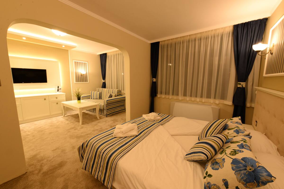 A hotel room with a bed, a desk, a chair, a TV, and a bathroom.