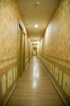 A long, narrow hallway with marble walls and a wooden floor. - Hostal Orejas (León)