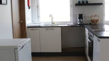 Fridge, oven, stovetop, cookware/dishes/utensils