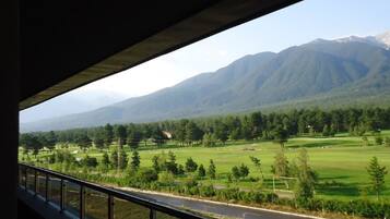 Vista desde un balcón sobre un paisaje verde con montañas al fondo.