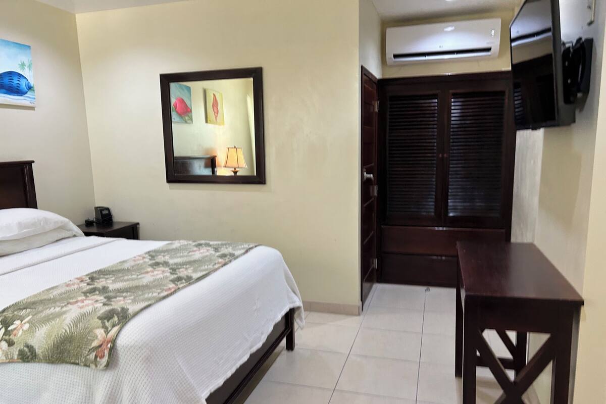 A hotel room with a bed, a desk, a chair, a wardrobe, and a wall-mounted TV.